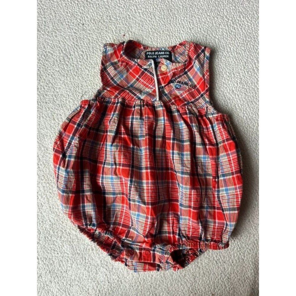 Vintage 90s Polo Jeans Co Ralph Lauren Red Plaid Baby Bubble Romper 3-6 Months